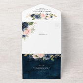 ネイビーブルーダスティー赤面ピンク結婚フローラのQRコード オールインワン招待状 (外側)