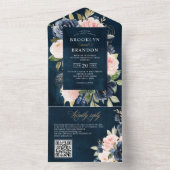 ネイビーブルーダスティー赤面ピンク結婚フローラのQRコード オールインワン招待状 (内側)