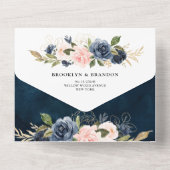 ネイビーブルーダスティー赤面ピンク結婚フローラのQRコード オールインワン招待状 (裏面)