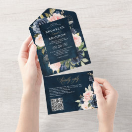 ネイビーブルーダスティー赤面ピンク結婚フローラのQRコード オールインワン招待状