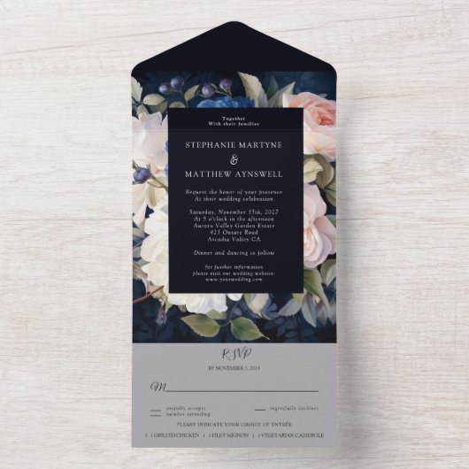 ネイビーブルーダスティー赤面ピンク結婚フローラ オールインワン招待状 (内側)