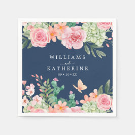 ネイビーブルーダスティー赤面ピンク&ピーチフローラ結婚ズ スタンダードカクテルナプキン