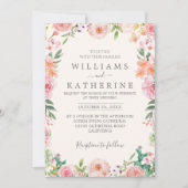 ネイビーブルーダスティー赤面ピンク&ピーチフローラ結婚ズ 招待状 (正面)