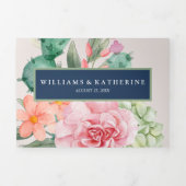 ネイビーブルーダスティー赤面ピンク&ピーチフローラ 三つ折り招待状 (カバー)