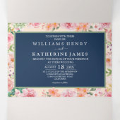 ネイビーブルーダスティー赤面ピンク&ピーチフローラ 三つ折り招待状 (内部中)