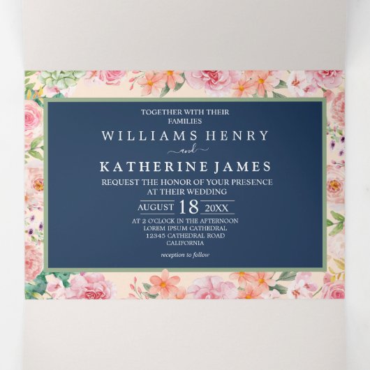 ネイビーブルーダスティー赤面ピンク&ピーチフローラ 三つ折り招待状 (内部中)
