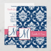 ネイビーブルーダマスクモノグラム招待状 ピンク 招待状 (正面/裏面)