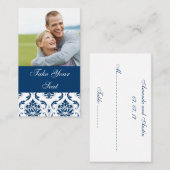 ネイビーブルーダマスク写真結婚の座席表 プレイスカード (正面/裏面)