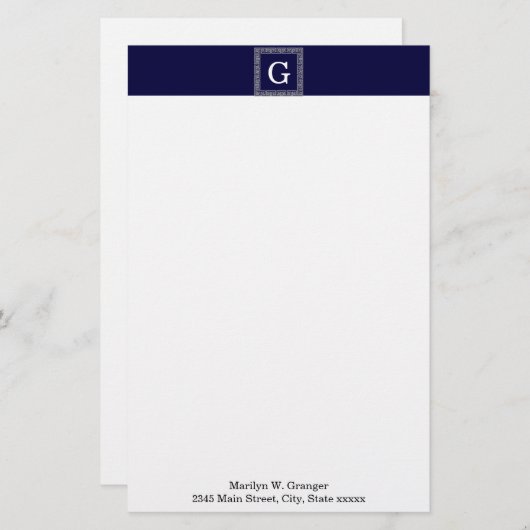 ネイビーブルーダークグレーギリシャ鍵#1フレームモノグラム 便箋 (正面/裏面)