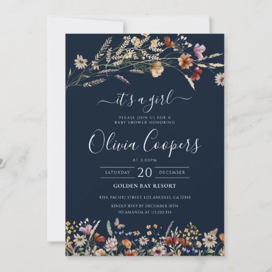 ネイビーブルーチニーワイルドフラワーベビーシャワー招待状 招待状 (正面)