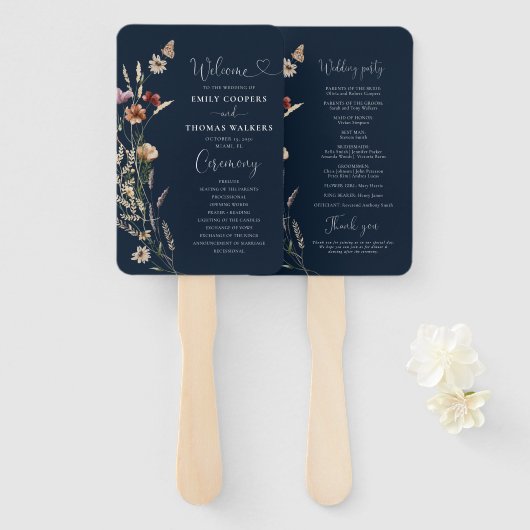 ネイビーブルーチニーワイルドフラワー結婚式 プログラムハンドファン ハンドファン (正面&裏面)