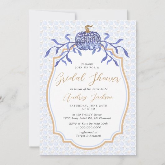 ネイビーブルーチノイスリーパンプキン秋ブライダルシャワー 招待状 (正面)