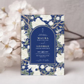 ネイビーブルーチノイスリーフローラ庭園の結婚式 招待状