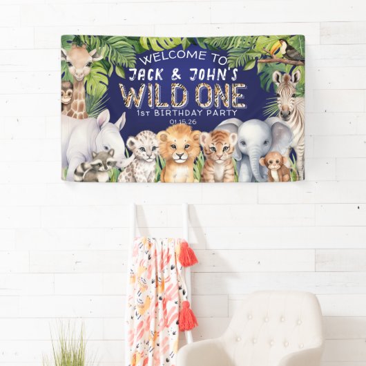ネイビーブルーツインジャングル動物1st誕生日ウェルカム 横断幕 (インサイチュ)