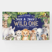 ネイビーブルーツインジャングル動物1st誕生日ウェルカム 横断幕 (横)