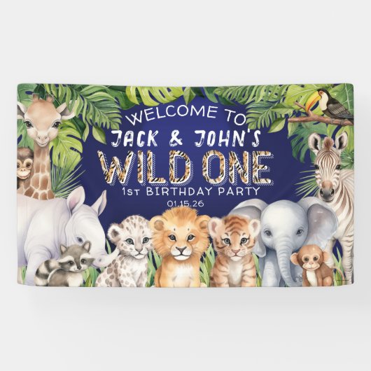 ネイビーブルーツインジャングル動物1st誕生日ウェルカム 横断幕 (横)