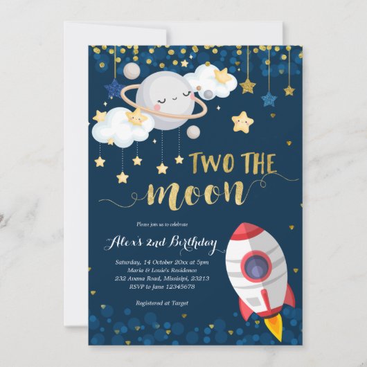 ネイビーブルーツザムーンボーイ誕生日招待状 招待状 (正面)