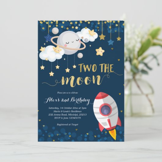 ネイビーブルーツザムーンボーイ誕生日招待状 招待状 (スタンド正面)