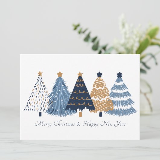 ネイビーブルーツリーズクリスマスニューイヤーホリデーカード 案内状 (スタンド正面)