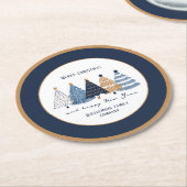 ネイビーブルーツリーズタックスクリスマスモダンホリデー ラウンドペーパーコースター (アングル)