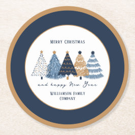 ネイビーブルーツリーズタックスクリスマスモダンホリデー ラウンドペーパーコースター