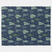 ネイビーブルーツリーフォレストの水の色の星葉 フリースブランケット (正面(横))