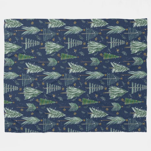 ネイビーブルーツリーフォレストの水の色の星葉 フリースブランケット (正面(横))