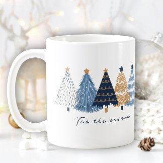 ネイビーブルーツリーモダンシンプルクリスマス名 コーヒーマグカップ