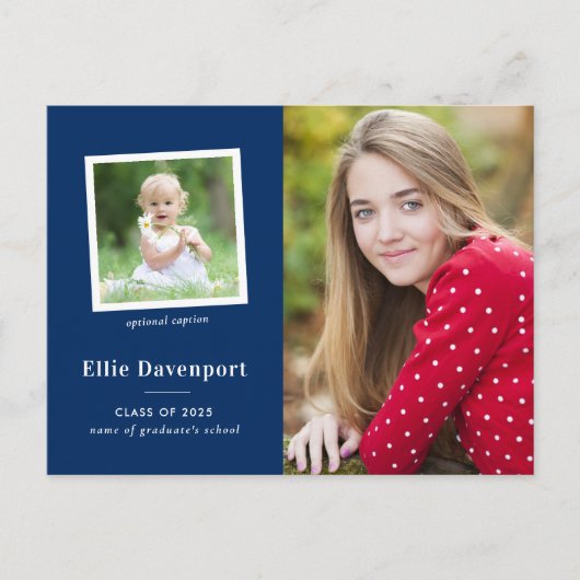 ネイビーブルーツーフォト卒業パーティー ポストカード (正面)