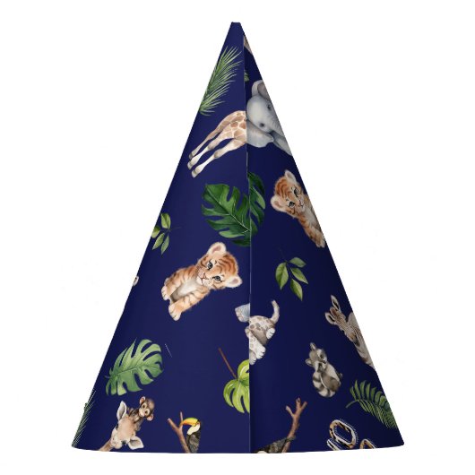 ネイビーブルーツーワイルドサファリジャングル誕生日 パーティーハット (裏面)