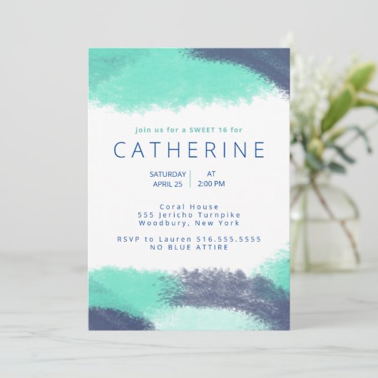 ネイビーブルーティール（緑がかった色）ウォーターカラースウィート16パーティー 招待状 (スタンド正面)