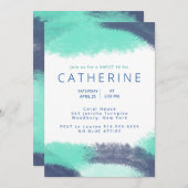 ネイビーブルーティール（緑がかった色）ウォーターカラースウィート16パーティー 招待状 (正面/裏面)