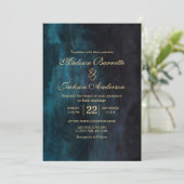 ネイビーブルーティール（緑がかった色）ウォーターカラー金ゴールド結婚式招待状 招待状 (スタンド正面)