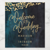 ネイビーブルーティール(緑がかった色)ウォーターカラー&金ゴールド結婚ズウェルカム ワインラベル (シングルラベル)