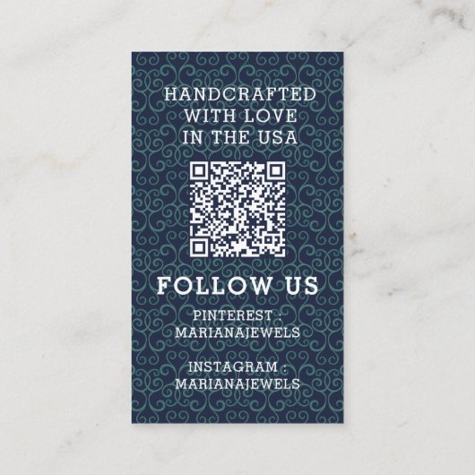 ネイビーブルーティール（緑がかった色）ダマスクパターンイヤリングディスプレイカード 名刺 (裏面)