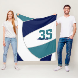 ネイビーブルーティール(緑がかった色)チームの色は銀色バレーボール フリースブランケット