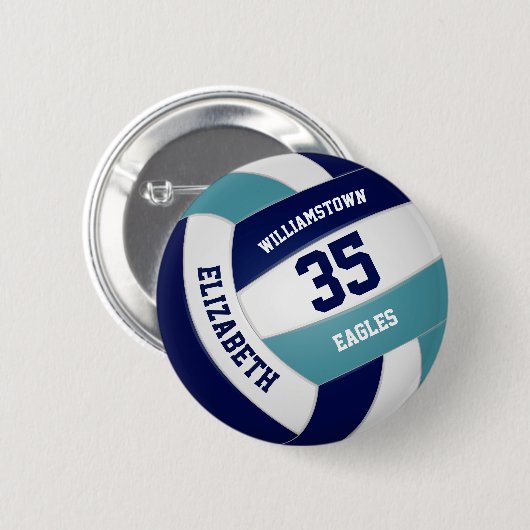 ネイビーブルーティール（緑がかった色）バレーボールチームギフト 缶バッジ (正面&裏面)