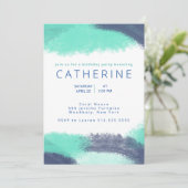 ネイビーブルーティール（緑がかった色）ブラシストローク誕生日パーティー 招待状 (スタンド正面)