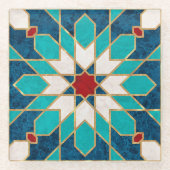 ネイビーブルーティール（緑がかった色）ホワイトレッド大理石モロッコモザイク ガラスコースター (正面)