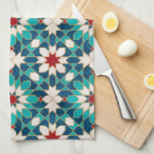 ネイビーブルーティール(緑がかった色)ホワイトレッド大理石モロッコモザイク キッチンタオル (四つ折り)