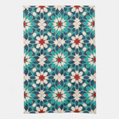 ネイビーブルーティール(緑がかった色)ホワイトレッド大理石モロッコモザイク キッチンタオル (縦)