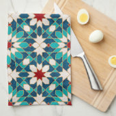 ネイビーブルーティール（緑がかった色）ホワイトレッド大理石モロッコモザイク キッチンタオル (四つ折り)
