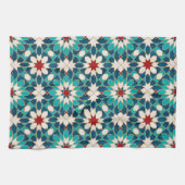 ネイビーブルーティール（緑がかった色）ホワイトレッド大理石モロッコモザイク キッチンタオル (横)