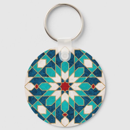 ネイビーブルーティール(緑がかった色)ホワイトレッド大理石モロッコモザイク キーホルダー (正面)