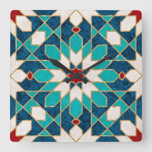 ネイビーブルーティール(緑がかった色)ホワイトレッド大理石モロッコモザイク  スクエア壁時計 (正面)