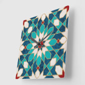 ネイビーブルーティール(緑がかった色)ホワイトレッド大理石モロッコモザイク  スクエア壁時計 (傾斜)