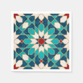 ネイビーブルーティール（緑がかった色）ホワイトレッド大理石モロッコモザイク スタンダードカクテルナプキン (正面)
