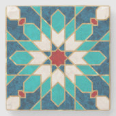 ネイビーブルーティール（緑がかった色）ホワイトレッド大理石モロッコモザイク ストーンコースター (正面)