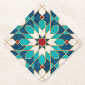 ネイビーブルーティール（緑がかった色）ホワイトレッド大理石モロッコモザイク ペーパーコースター (正面)