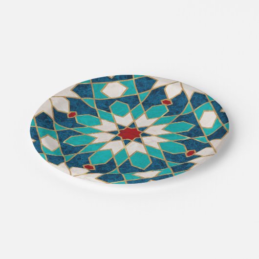ネイビーブルーティール（緑がかった色）ホワイトレッド大理石モロッコモザイク ペーパープレート (アングル)